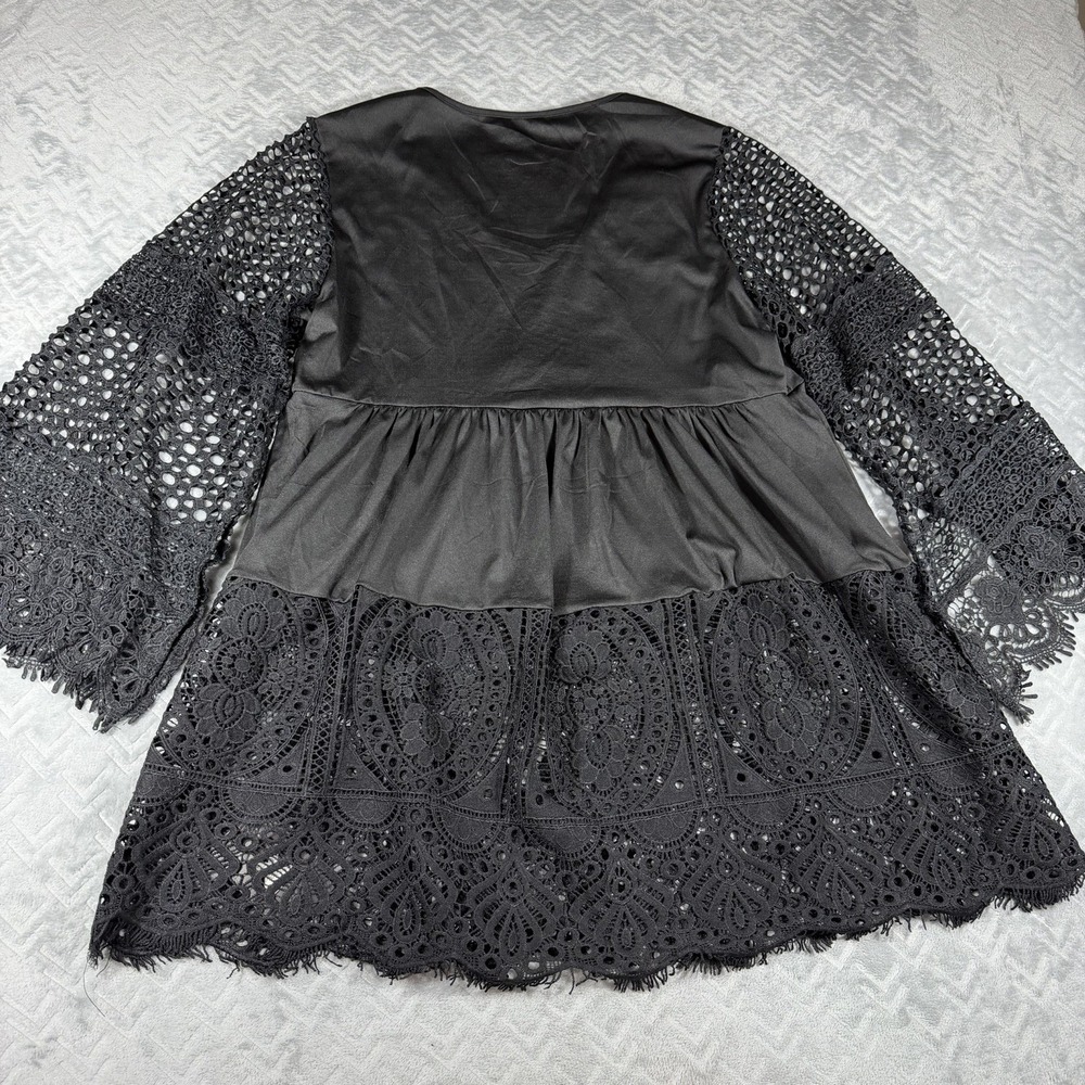 XPLUSWEAR Black Crochet Lace Tunic Top Lined Bodice Sheer Bell Sleeve Boho